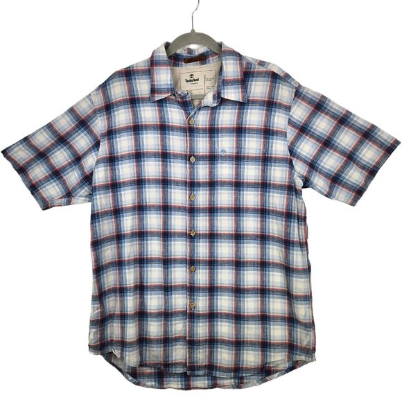 Timberland Other - Timberland Linen‎ Blend Shirt Men's Large Blue Plaid Short Sleeve Button Front